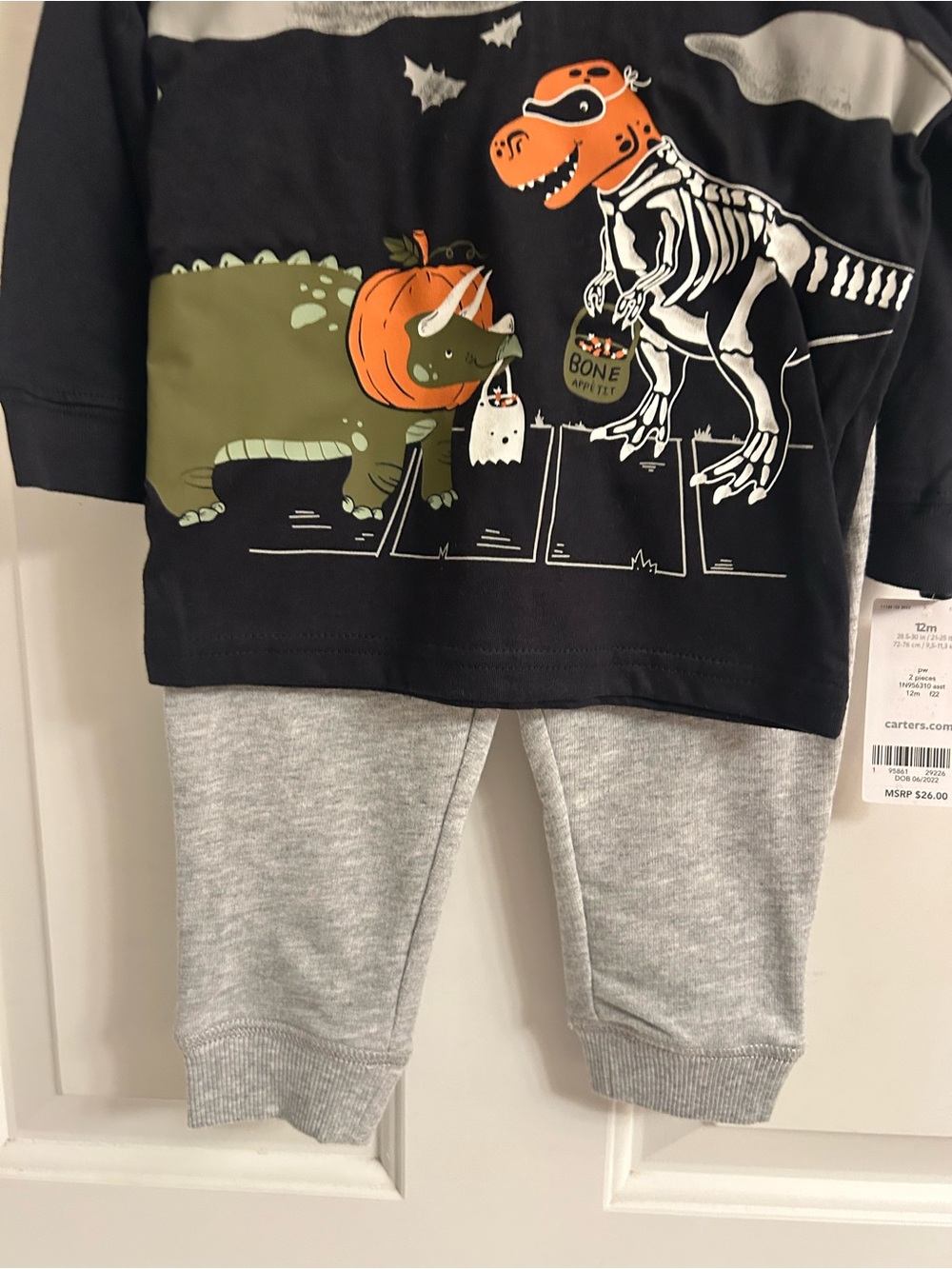NWT-Carter's Black Halloween Dino Long Sleeve Tee With Gray Sweatpants - Picture 4 of 9